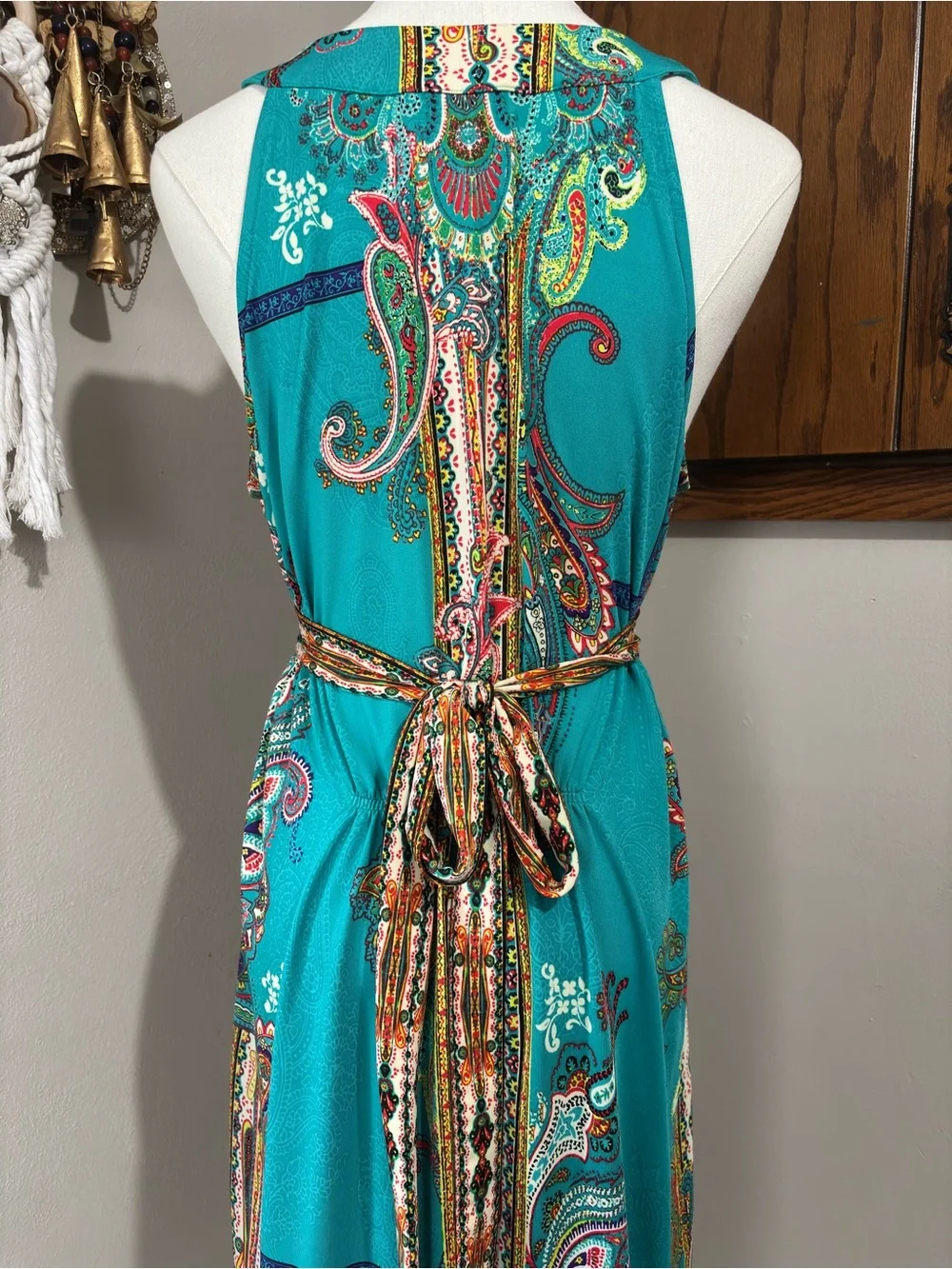 ICE Vtg Beaded Waist Flowy Midi Dress V Neck Size 12 Teal Paisley Boho Chic - Picture 7 of 9